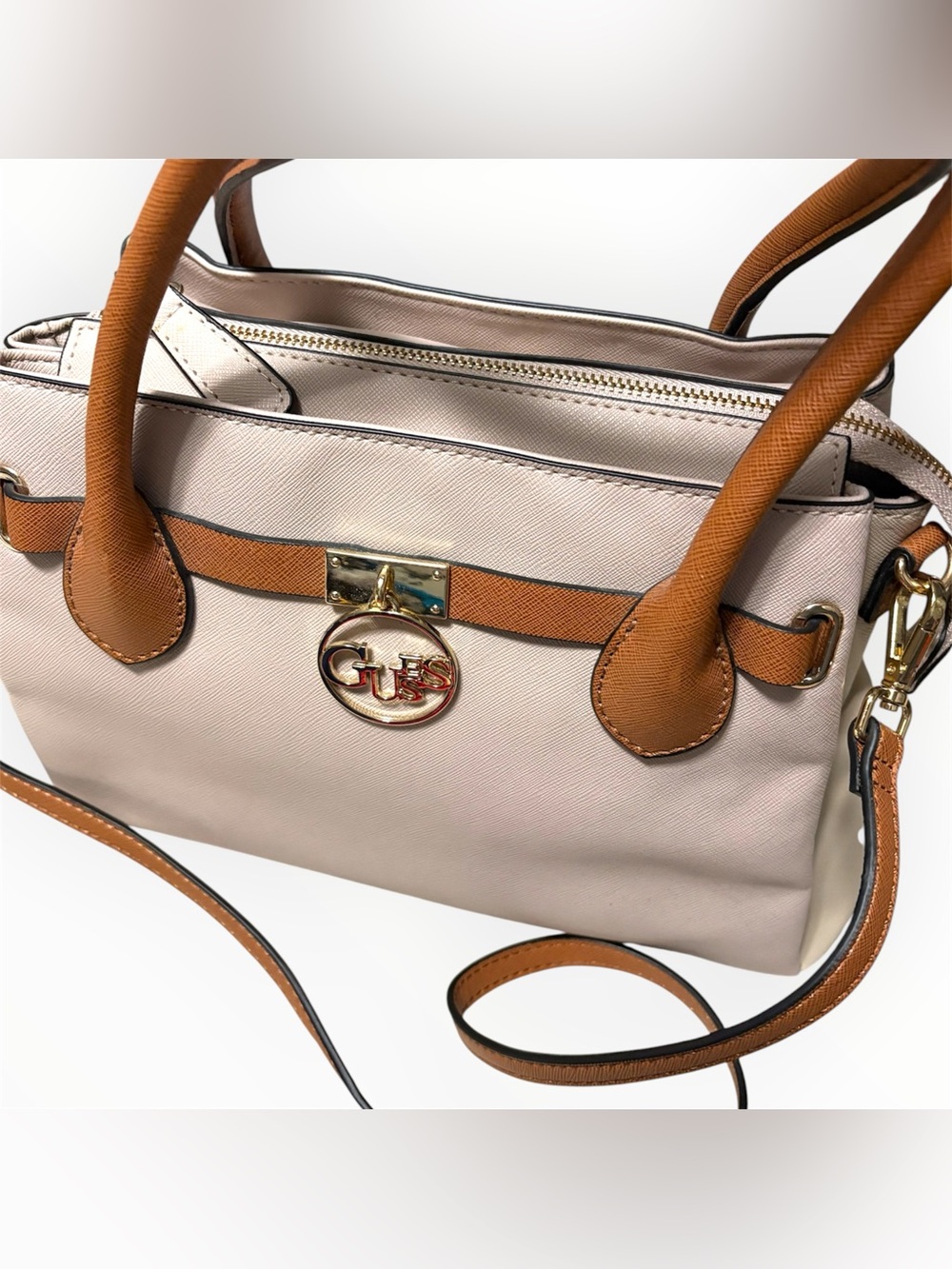 GUESS Beige & Tan Saffiano Satchel with Gold Logo Accent